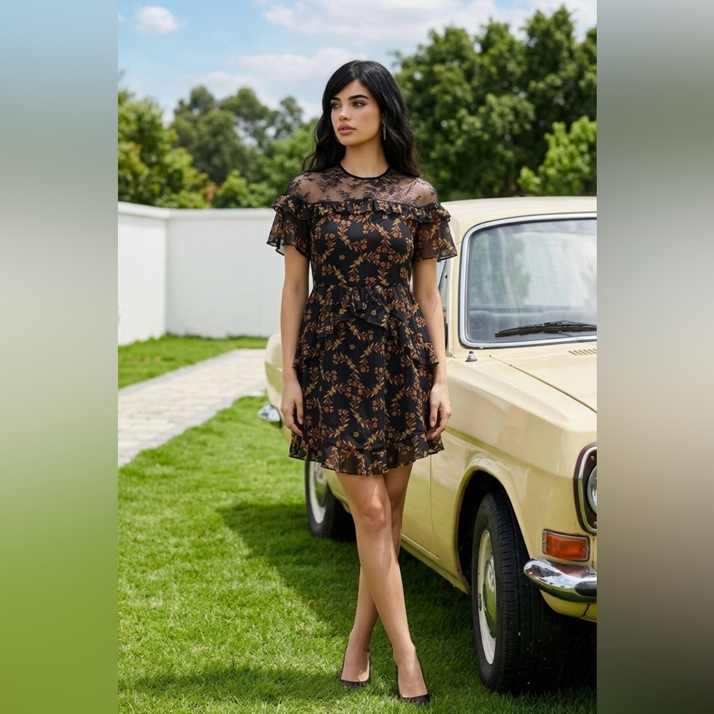 Sandro  floral print Black Mini Dress , pre-owned, size 42